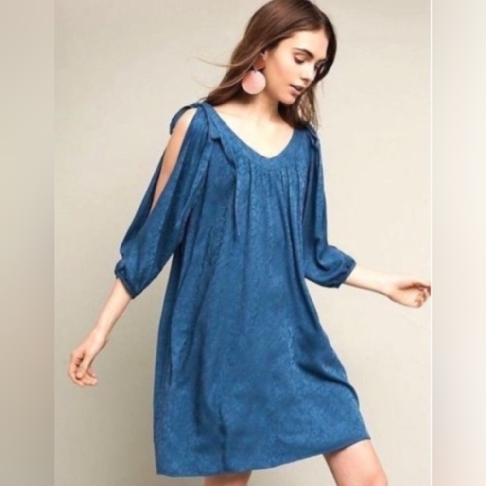 Anthropologie Holding Horses Blue Print Slit Sleeve Shift Dress Medium